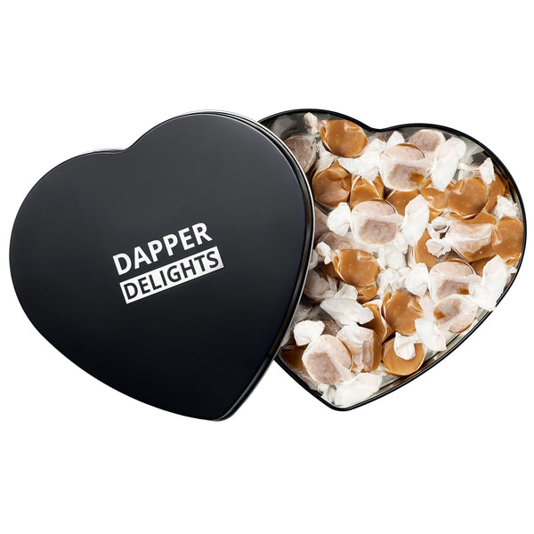 Valentines Day Gift Scotch Whiskey Caramels - Heart Tin - Him & Her, Premium Salted Caramel, Valentine Chocolate Candy Dapper Delights Gourmet Collection, Love Basket for Men, Boyfriend, Husband, Dad