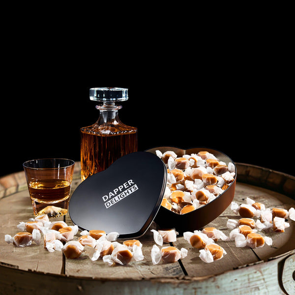 Valentines Day Gift Scotch Whiskey Caramels - Heart Tin - Him & Her, Premium Salted Caramel, Valentine Chocolate Candy Dapper Delights Gourmet Collection, Love Basket for Men, Boyfriend, Husband, Dad