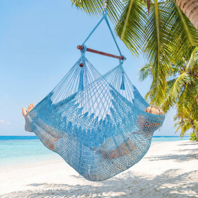 Caribbean Hammock Chair with Metal Spreader Bar Woven Rope Swing-Blue