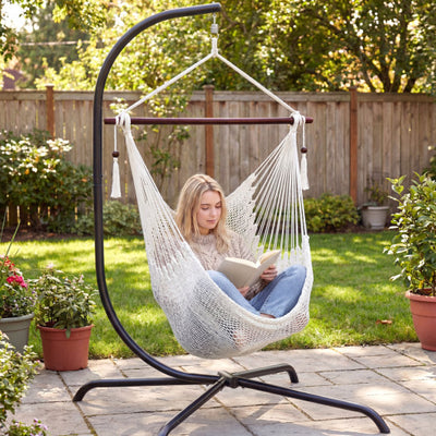 Caribbean Hammock Chair with Metal Spreader Bar Woven Rope Swing-Beige
