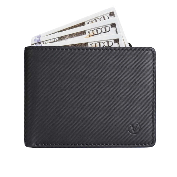 Black carbon fiber wallet with money on a white background