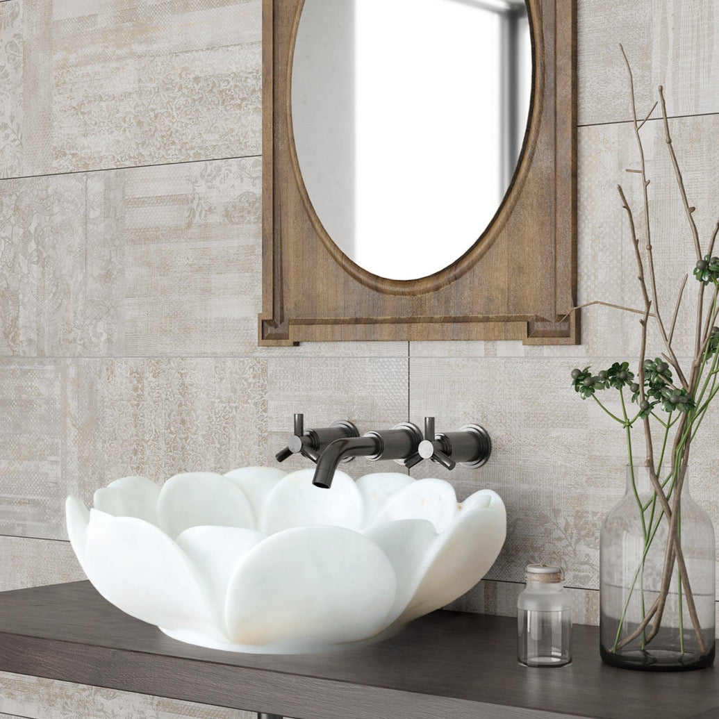 Carrara White Marble Flower Shape Above Vanity Bathroom Sink Polished (D)17