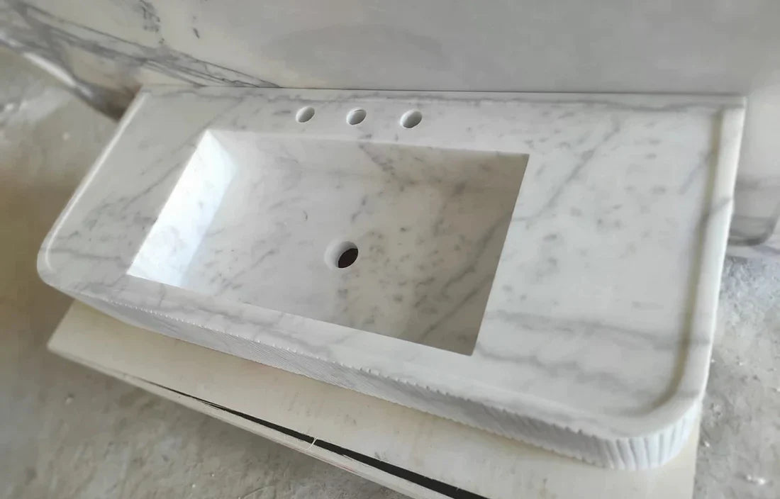 Carrara White Marble Wall-mount Bathroom Vanity Ribbed Textured Front (W)16