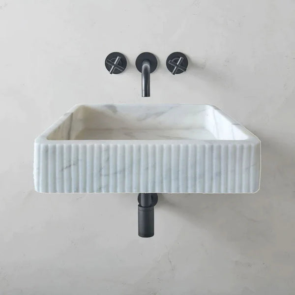 Carrara White Marble Wall-mount Bathroom Sink Ribbed Textured (W)16