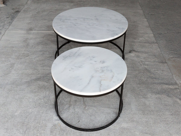 Carrara White Marble Nesting Coffee Table Round Set of 2 Polished