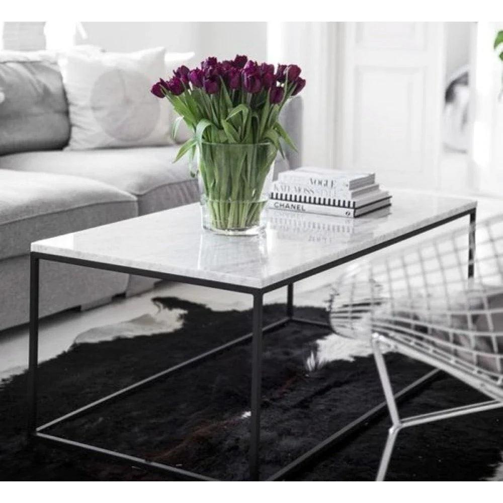 Carrara White Marble Rectangular Coffee Table with Metal Legs