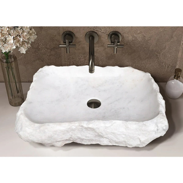 Carrara Marble Rustic Natural Stone Vessel Sink Polished Interior Hand Chiseled Exterior (W)16