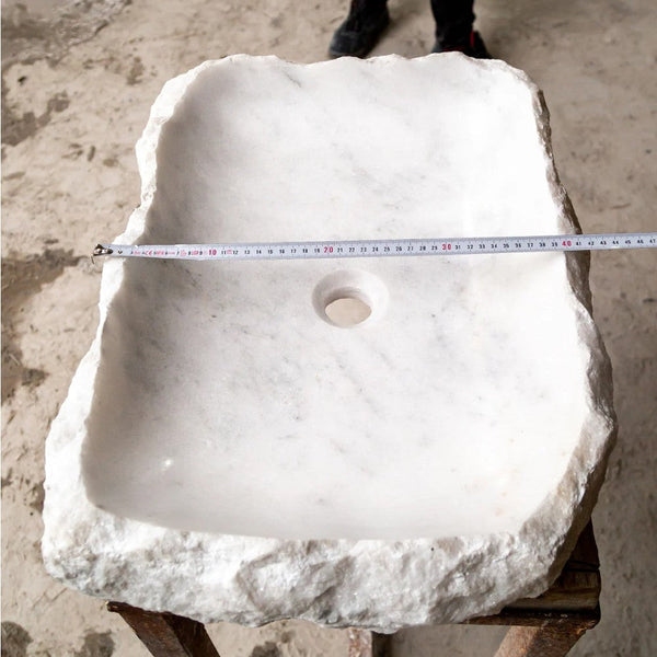 Carrara Marble Rustic Natural Stone Vessel Sink Polished Interior Hand Chiseled Exterior (W)16