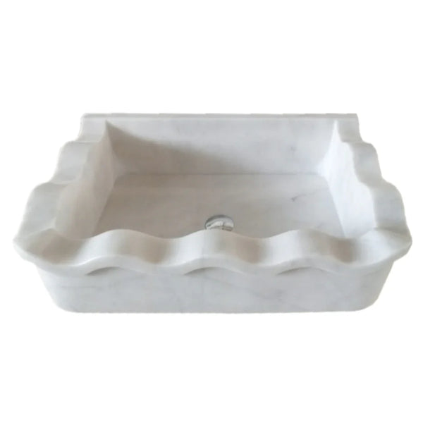 Carrara White Marble Rectangular Wall-mount Wavy Edges Bathroom Sink (W)16