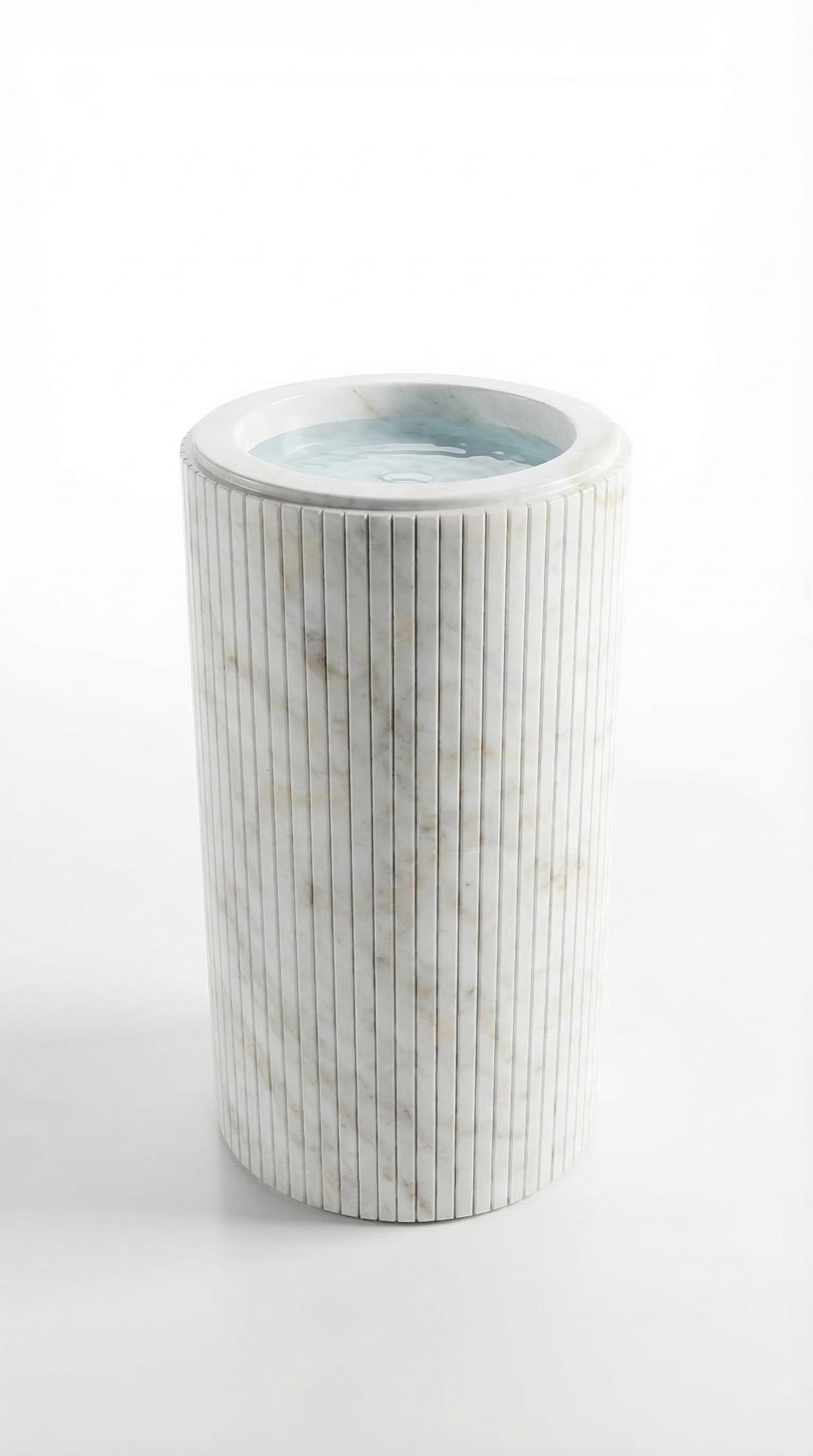 Cararra White Marble Designer Pedestal Stand-Alone Fluted Sink (W)18