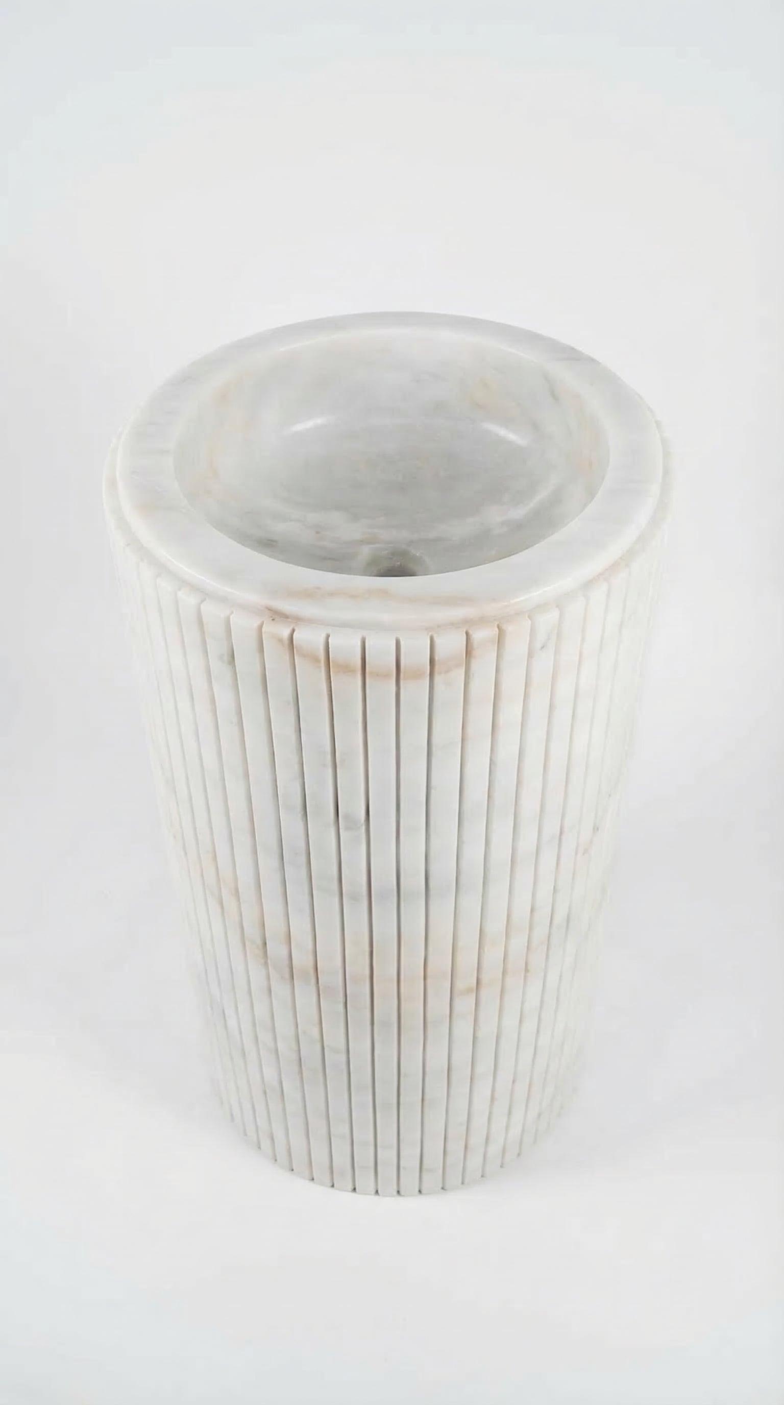 Cararra White Marble Designer Pedestal Stand-Alone Fluted Sink (W)18