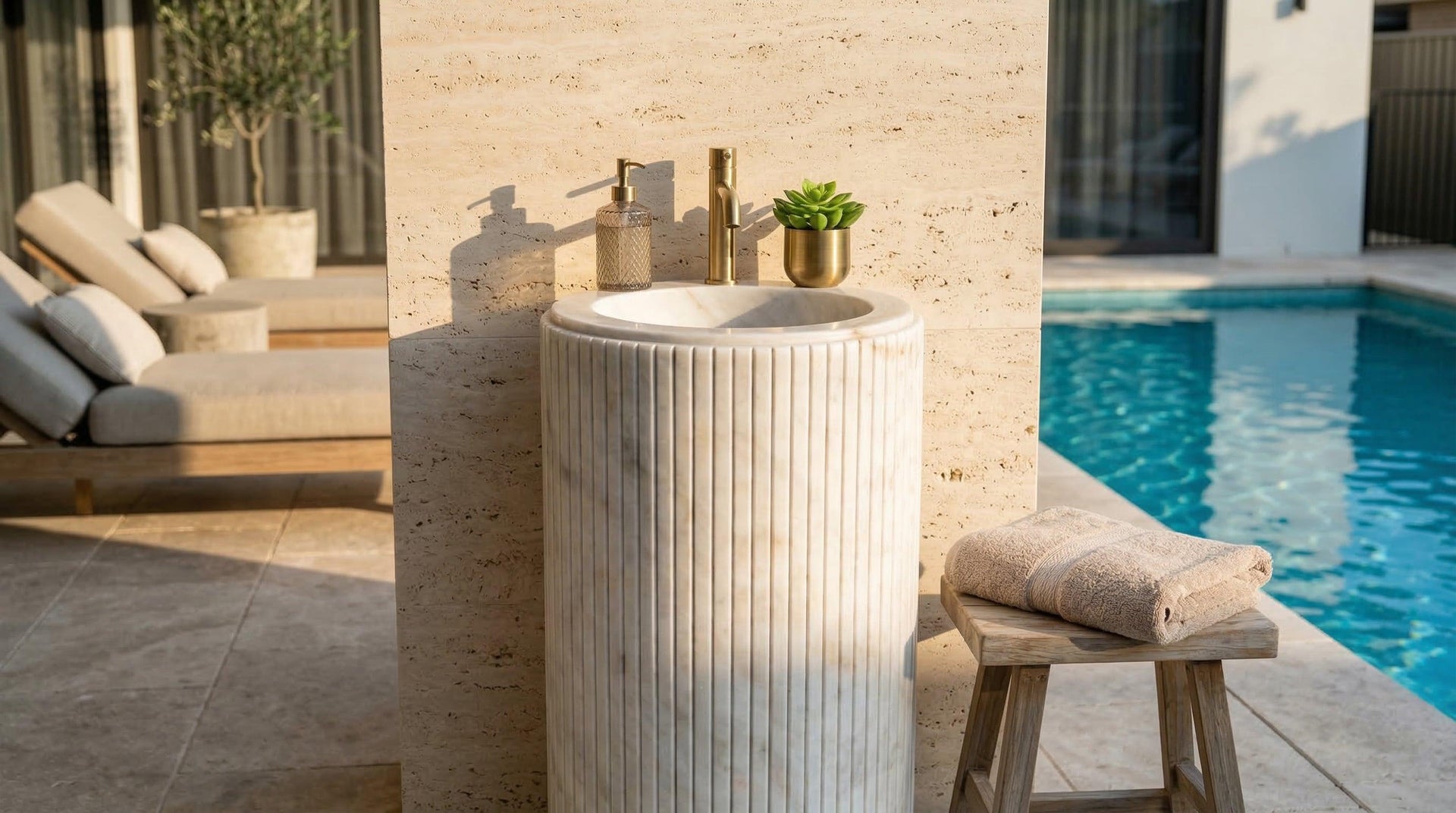 Cararra White Marble Designer Pedestal Stand-Alone Fluted Sink (W)18