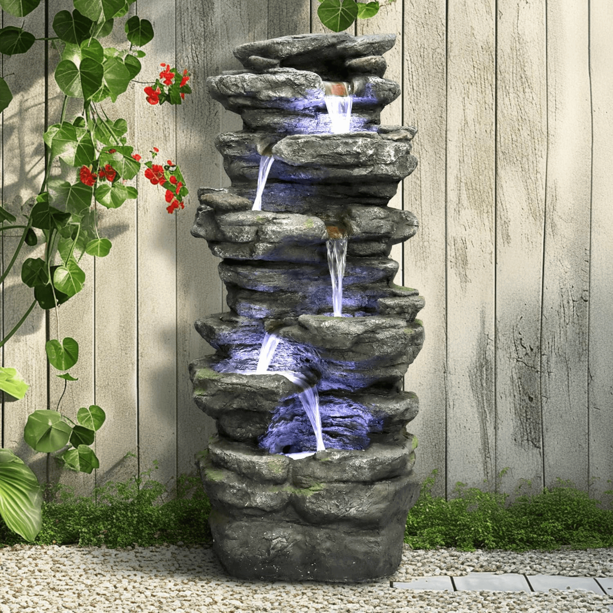 Resin Flagstone Outdoor Water Fountain with Moss 40 in