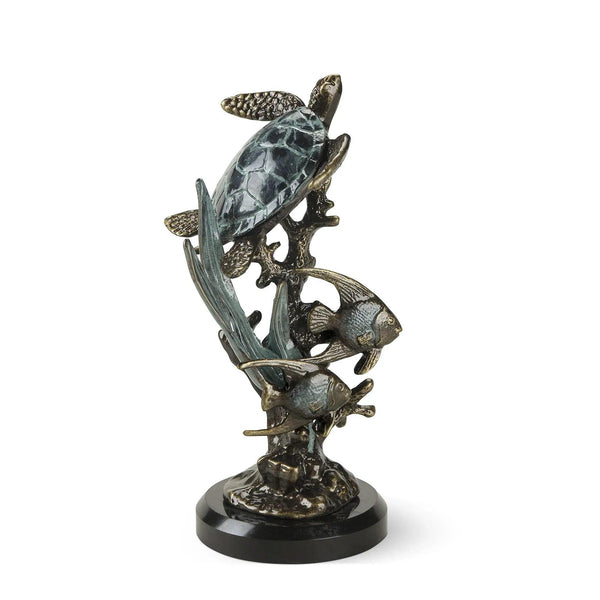Cast Aluminum Single Sea Turtle with Fish - Gifts for You 'n Me