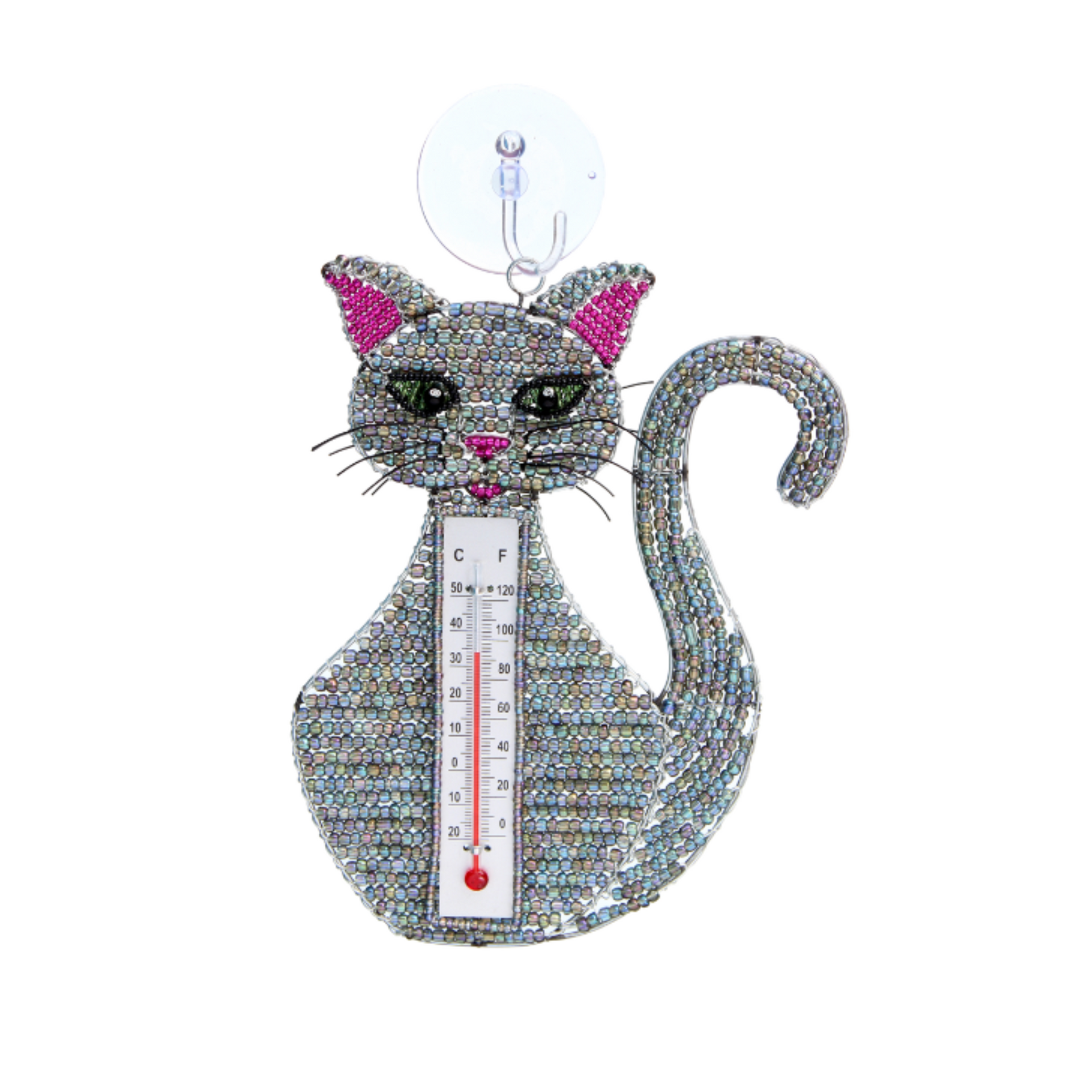 Handmade Cat Window Thermometer – Haitian Artisan Outdoor Décor. Beadworx by Extol Accessories