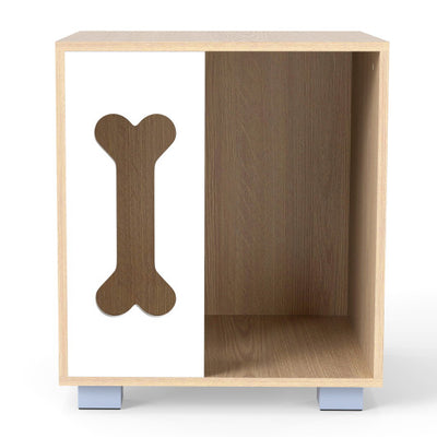 Cat Bed Side Table Wooden Cat Condo with Bone-shape Window and Thick Metal Legs-Natural