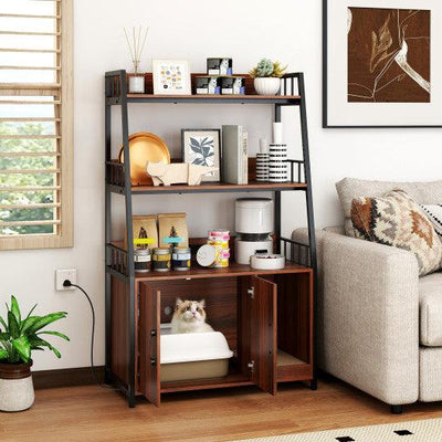Cat Litter Box Enclosure with Storage Shelves and Scratching Pad-Walnut