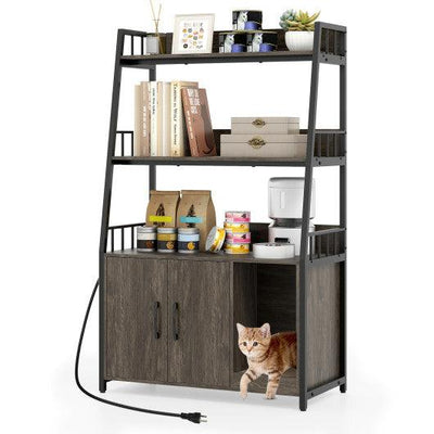 Cat Litter Box Enclosure with Storage Shelves and Scratching Pad-Gray