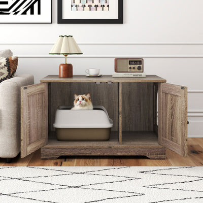 Cat Litter Box Enclosure Furniture Indoor Wooden Cat House End Side Table Nightstand-Gray