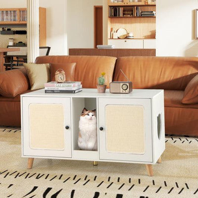 43 Inches Cat Litter Box Enclosure with Double Rooms and 2 Sisal Scratching Mats-White