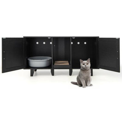 Patented 2-Door Cat Litter Box Enclosure with Winding Entry and Scratching Board-Black