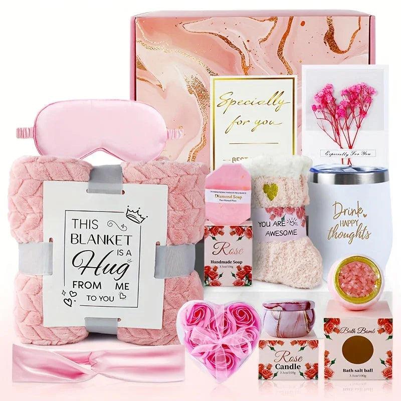 Ceramic Bath Gift Set with Rose Scented Candles and Essential Oils