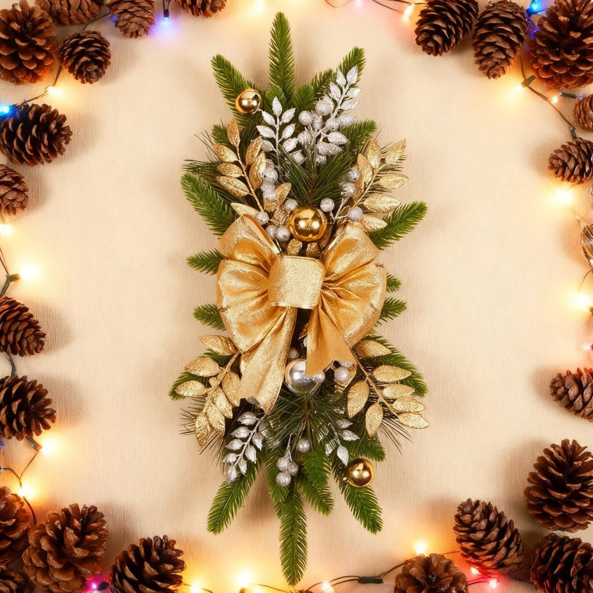 Ceramic Bow Christmas Ornament, Red, with Pinecones and Hanging Loop