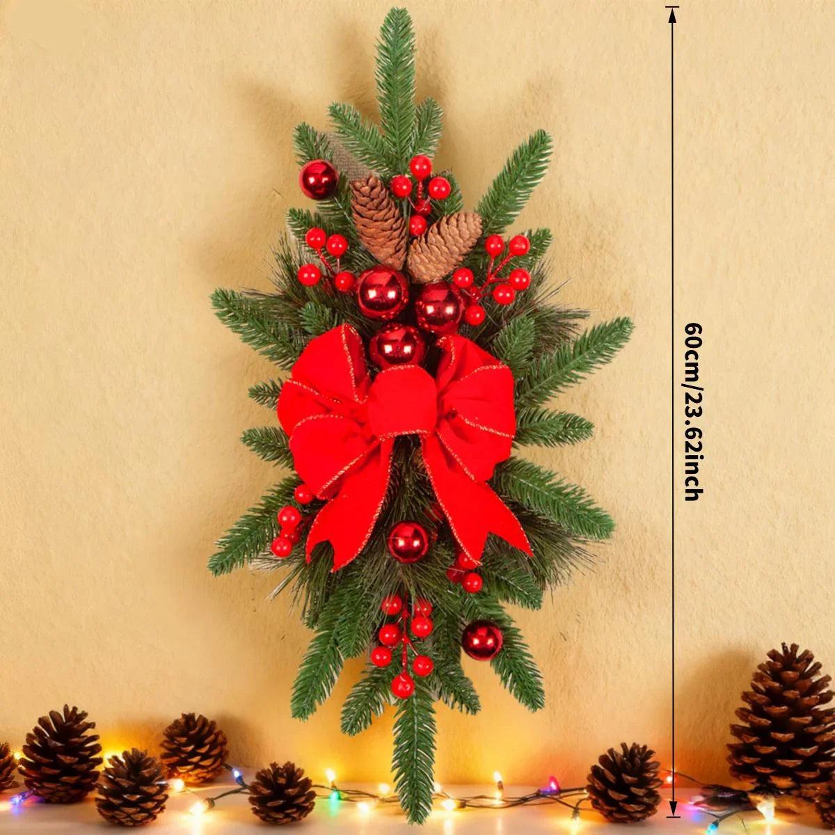 Ceramic Bow Christmas Ornament, Red, with Pinecones and Hanging Loop