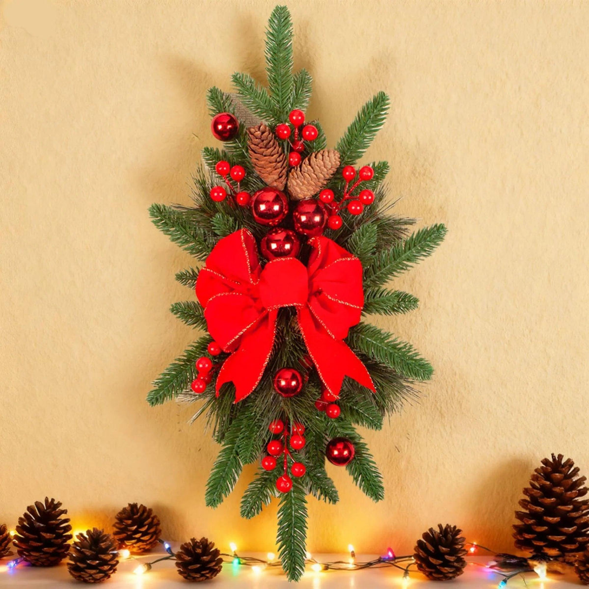 Ceramic Bow Christmas Ornament, Red, with Pinecones and Hanging Loop