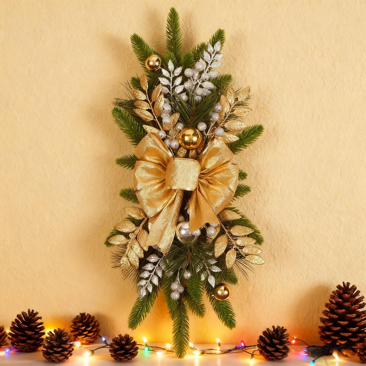 Ceramic Bow Christmas Ornament, Red, with Pinecones and Hanging Loop