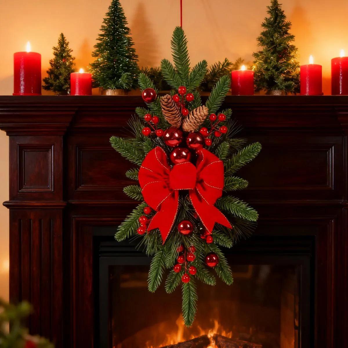 Ceramic Bow Christmas Ornament, Red, with Pinecones and Hanging Loop