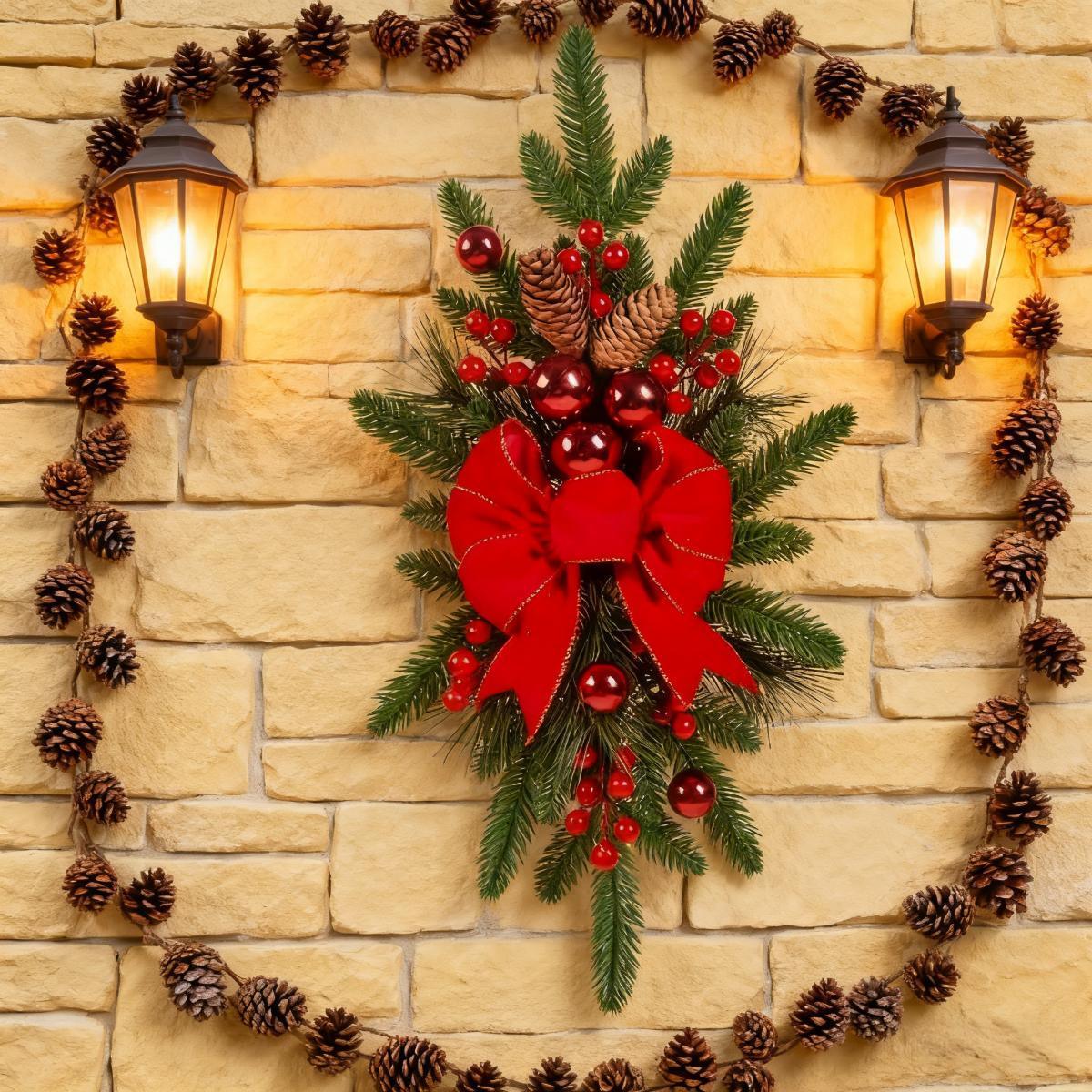 Ceramic Bow Christmas Ornament, Red, with Pinecones and Hanging Loop