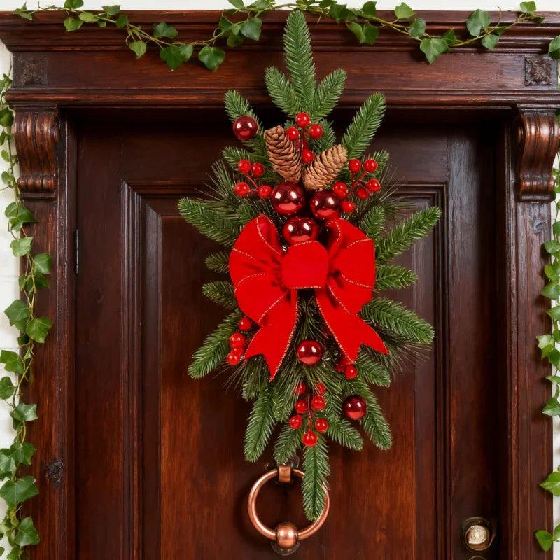 Ceramic Bow Christmas Ornament, Red, with Pinecones and Hanging Loop