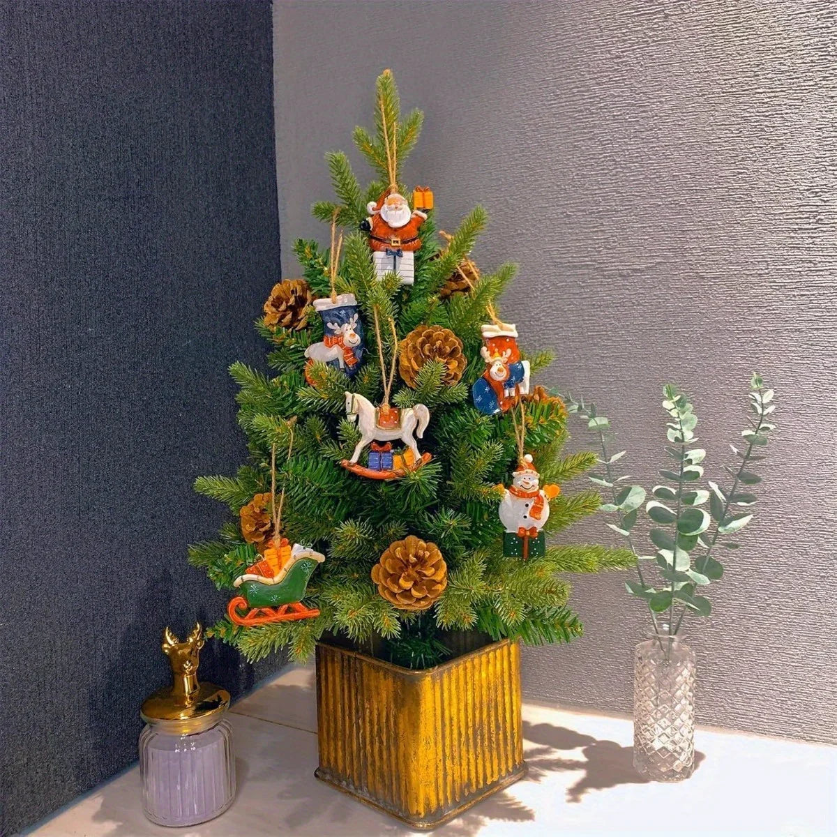 Ceramic Christmas Tree Topper Set - Santa, Snowman & Sleigh Ornaments