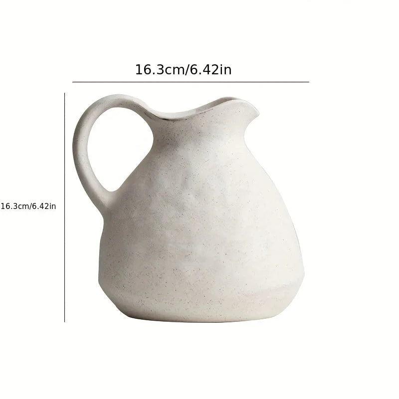 Ceramic Kettle Vase, Rustic White Cylinder Pottery with Handle