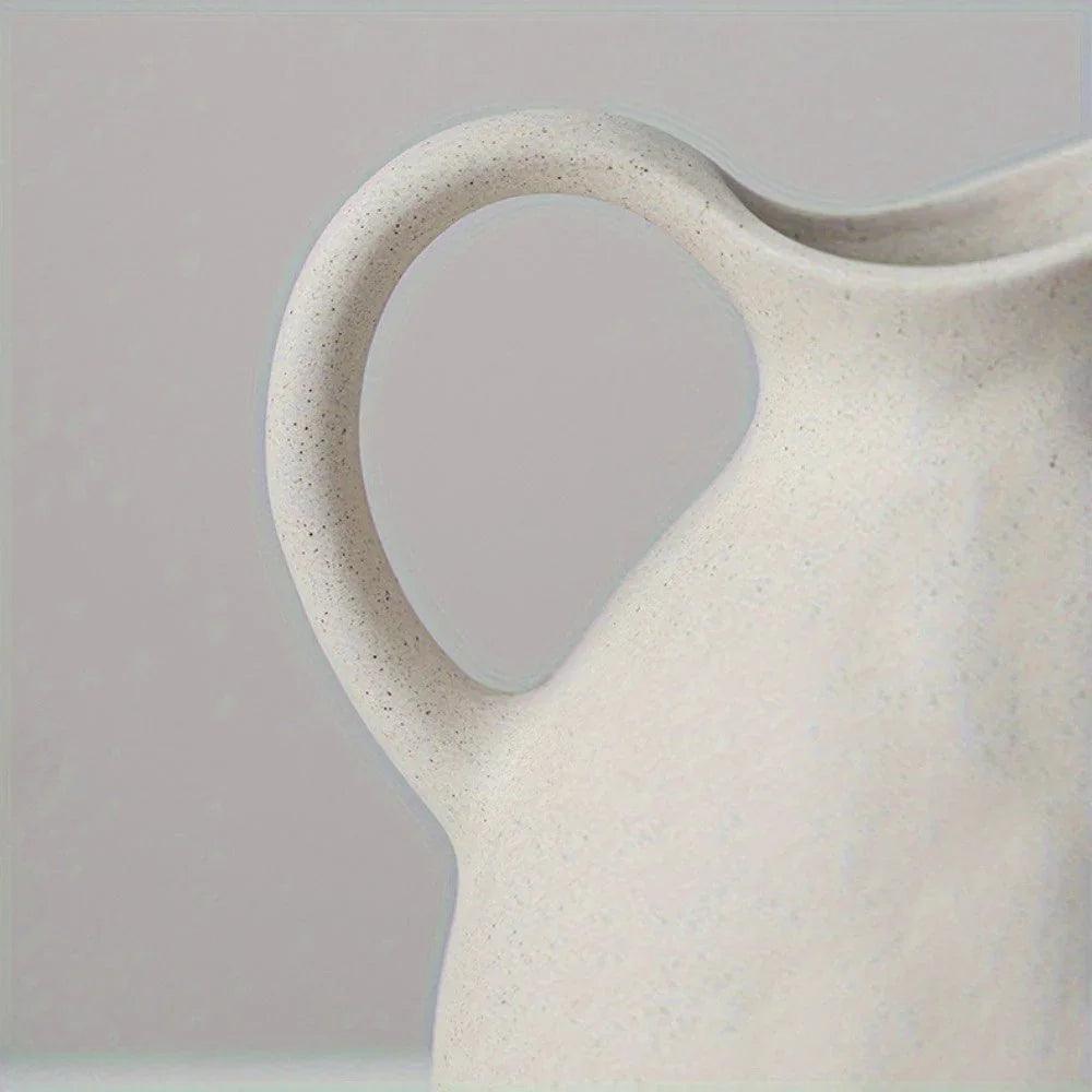 Ceramic Kettle Vase, Rustic White Cylinder Pottery with Handle