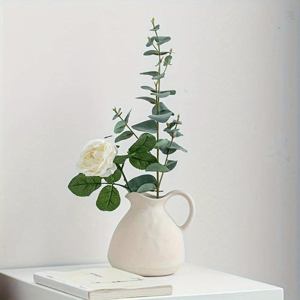 Ceramic Kettle Vase, Rustic White Cylinder Pottery with Handle