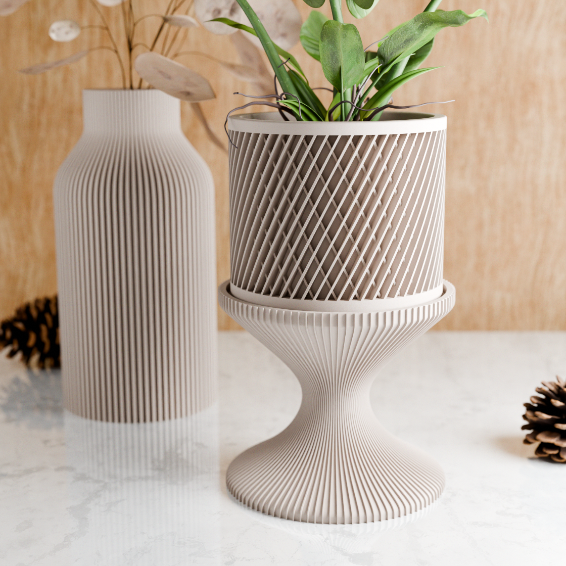 Decorative vase with textured design on a light surface