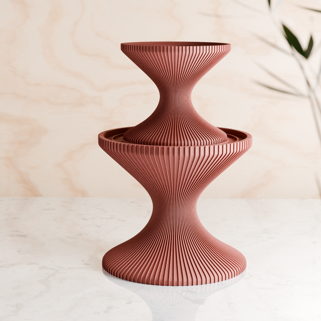 Decorative vase with a ribbed texture on a light background
