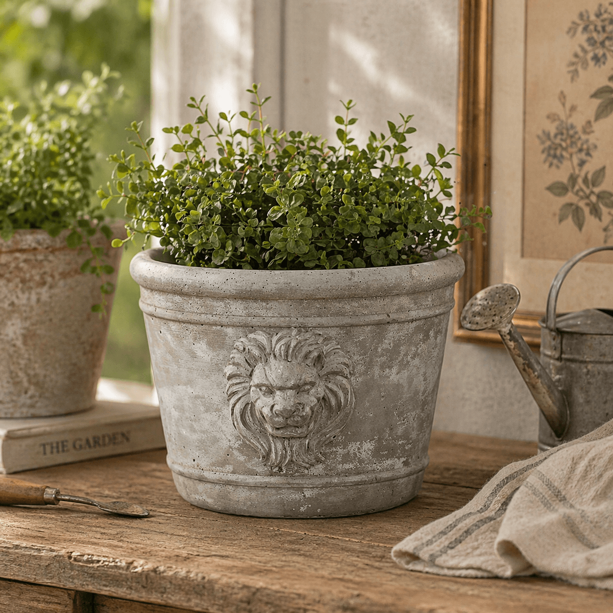 Cast Cement Lion Head Planter