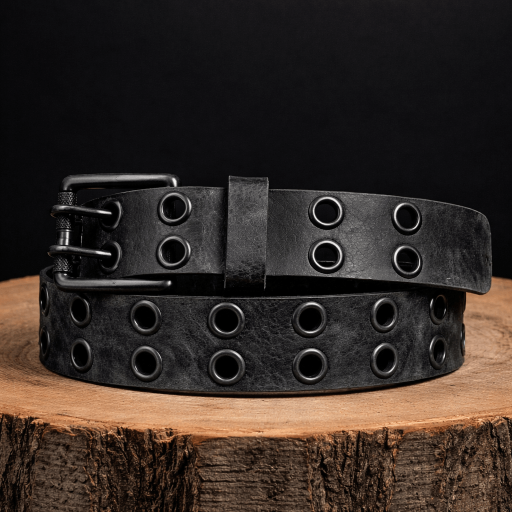 The Brixton Belt - Vintage Black Double Grommet 100 % Full Grain Leather Belt