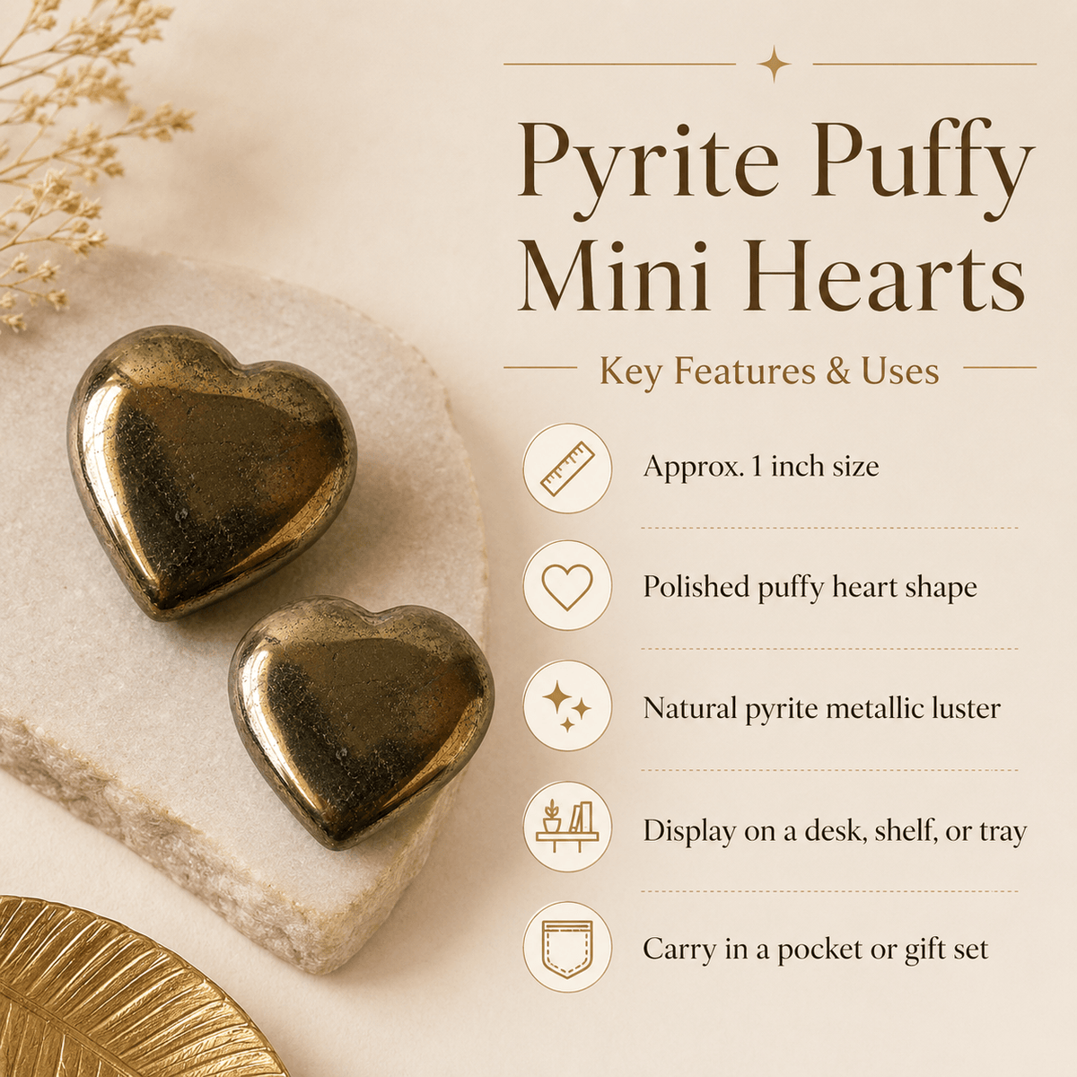 Pyrite Heart Crystal, Puffy Mini 1 Inch Pocket Crystal Heart