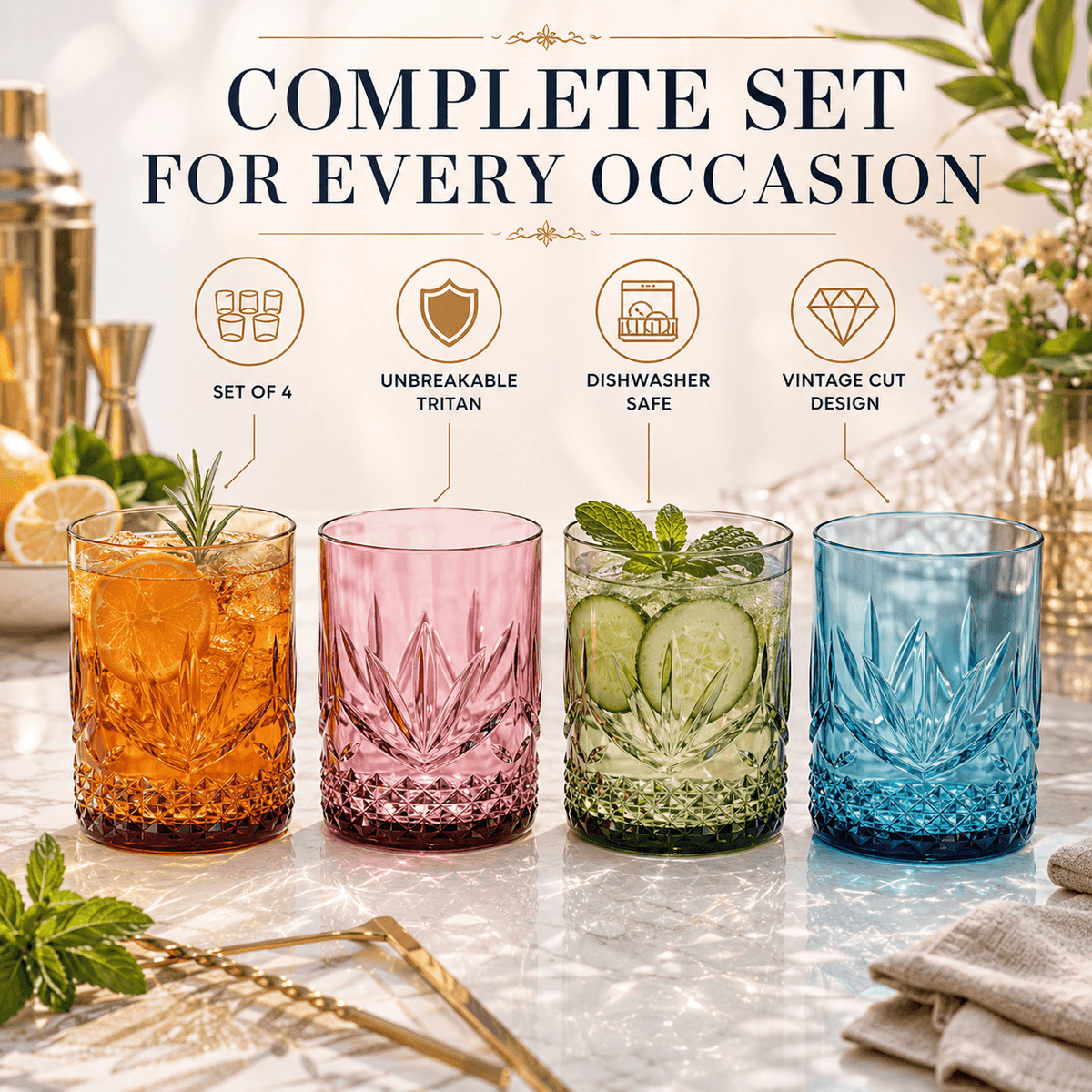 Onix Acrylic Crystal Lowball Glassware, Set of 4