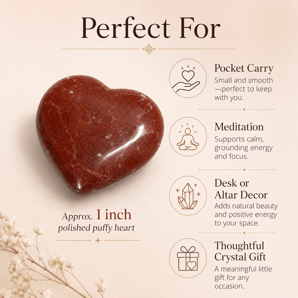 Red Jasper Heart Crystal, Puffy Mini 1 Inch Pocket Crystal Heart