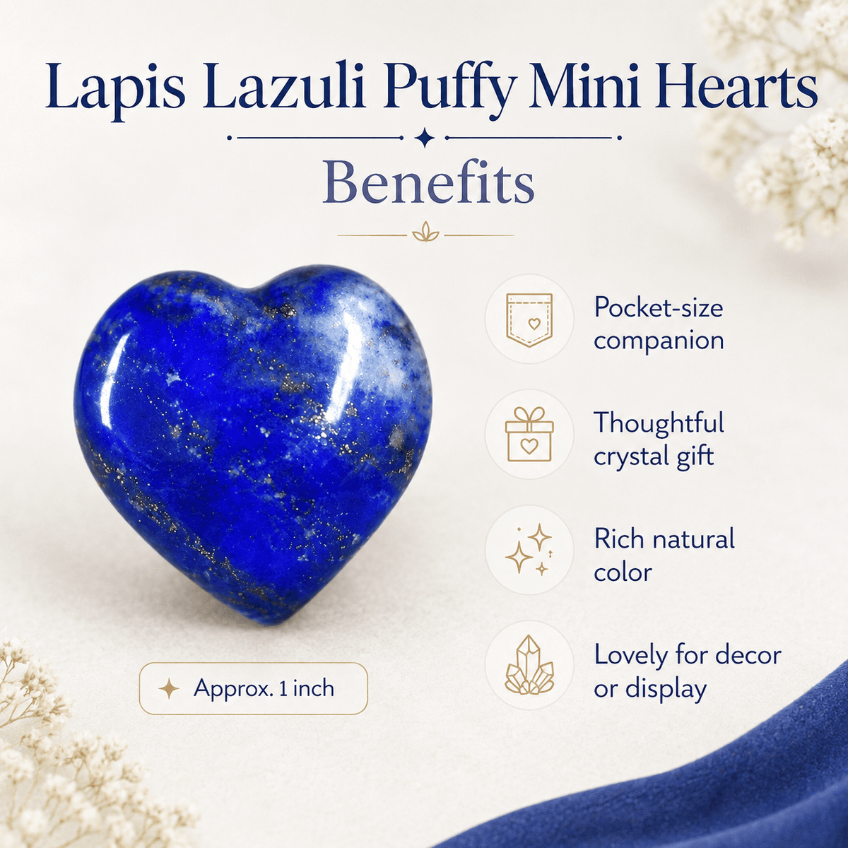 Lapis Lazuli Heart Crystal, Puffy Mini 1 Inch Pocket Crystal Heart