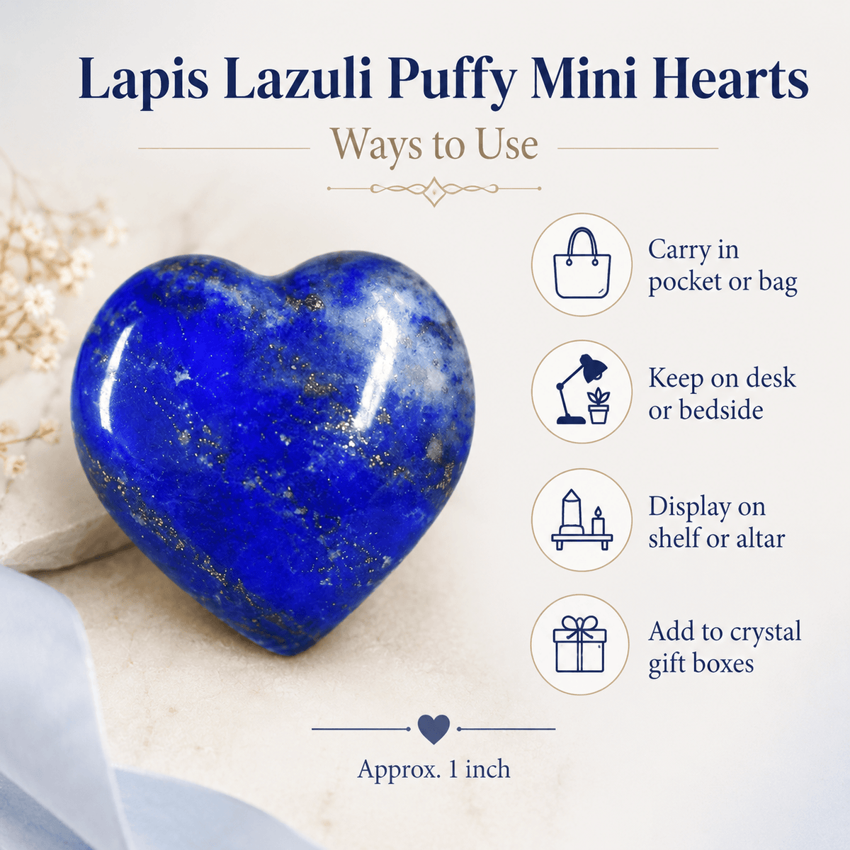 Lapis Lazuli Heart Crystal, Puffy Mini 1 Inch Pocket Crystal Heart