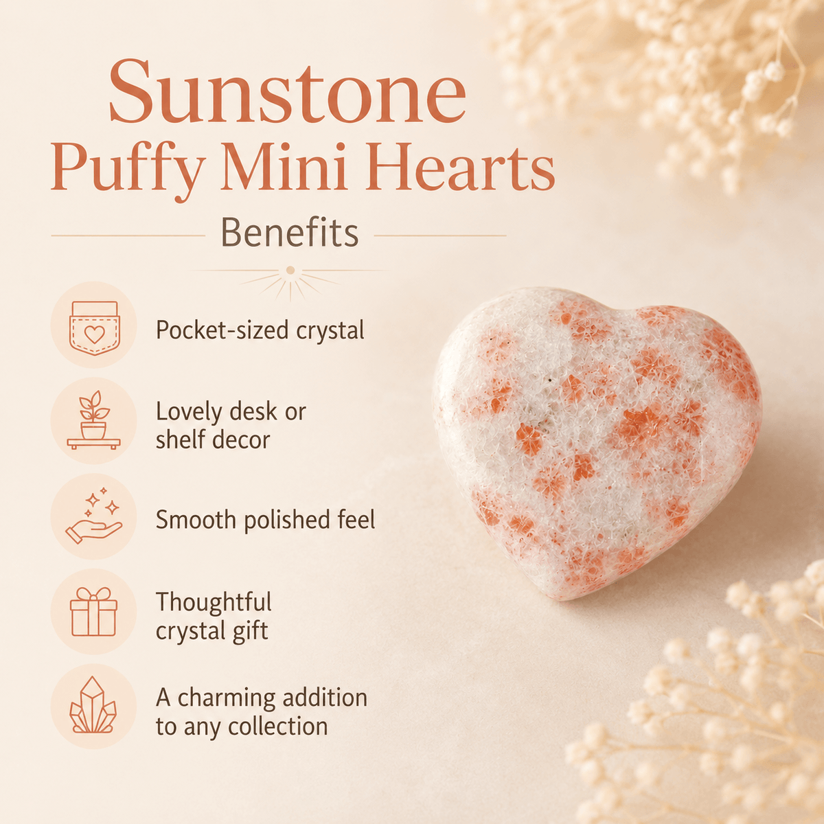 Sunstone Heart Crystal, Puffy Mini 1 Inch Pocket Crystal Heart.