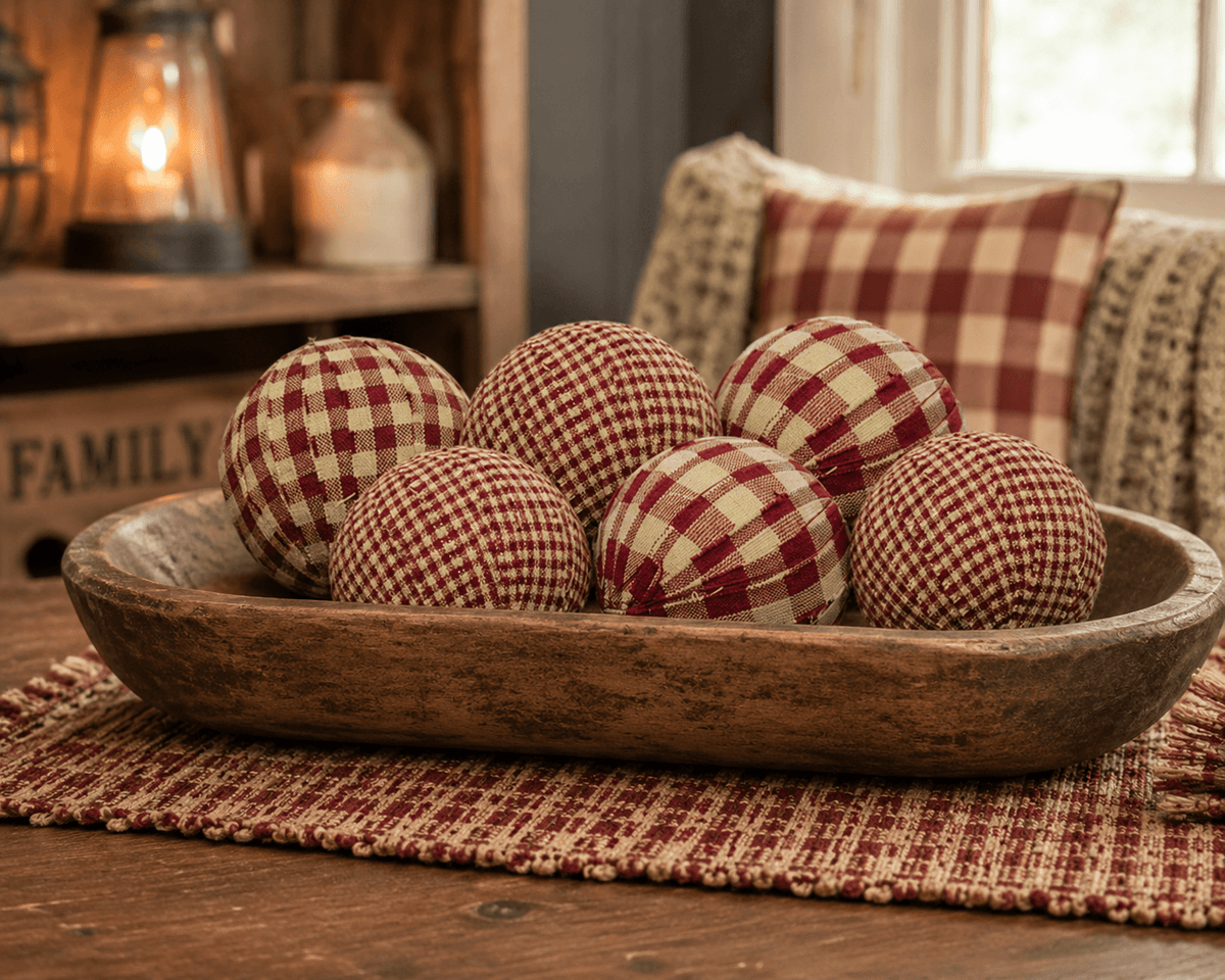 Set of 6 Burgundy Rag Balls Primitive Farmhouse Bowl Fillers