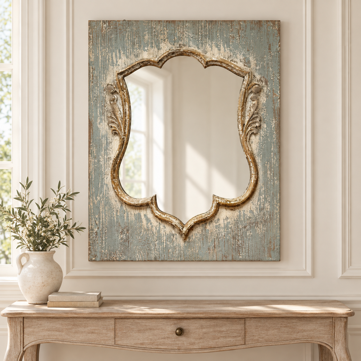 Distressed Wood Shield Mirror