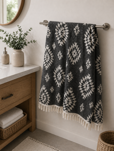 Black Aztec Turkish Towel – Lightweight Quick Dry Beach Towel, Boho Bathroom Decor, Turkish Cotton Bath Towel, Travel & Picnic Blanket